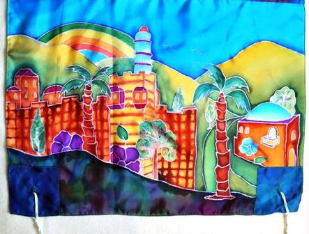 Women's Tallits - Women's Silk Tallit - Jerusalem Scene 22X62 Inches Purple