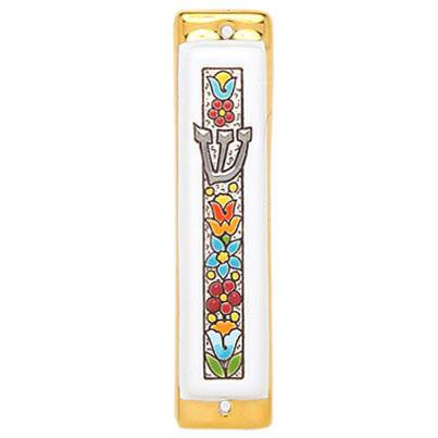 Ceramic Mezuzahs - White and Gold Floral Ceramic Mezuzah