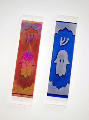 Handmade Glass &amp; Stained Glass Mezuzahs - Blue and White Handcrafted Hamsa Mezuzah